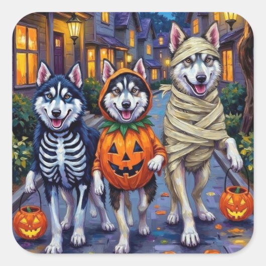 Alaskan Malamute Hunde Trick-or-Treating Halloween Quadratischer Aufkleber (Vorderseite)