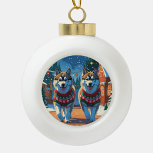 Alaskan Malamute Hunde Weihnachten Schnee Urlaub Keramik Kugel-Ornament