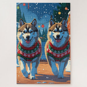 Alaskan Malamute Hunde Weihnachten Schnee Urlaub Puzzle