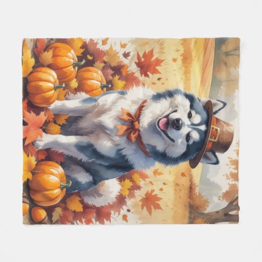 Alaskan Malamute im Herbst Leaves Erntedank Kunst, Fleecedecke (Vorderseite (Horizontal))