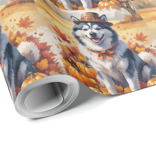 Alaskan Malamute im Herbst Leaves Erntedank Kunst, Geschenkpapier (Rolleneckpunkt)
