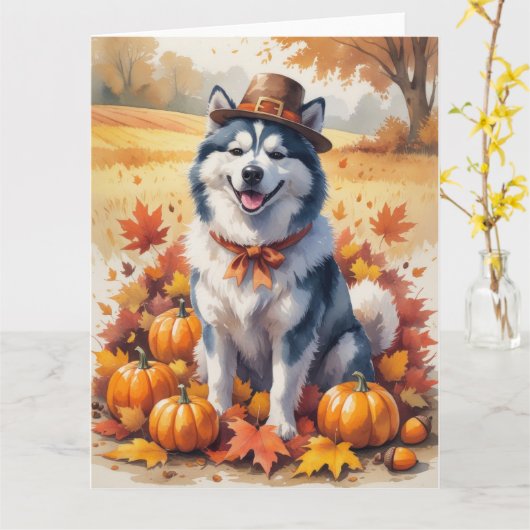 Alaskan Malamute im Herbst Leaves Erntedank Kunst, Karte (Gelbe Blume)