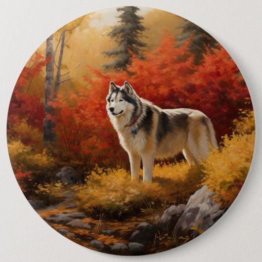 Alaskan Malamute im Herbstfall Inspiriert Button (Vorderseite)