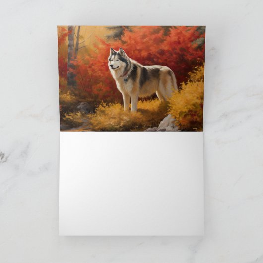 Alaskan Malamute im Herbstfall Inspiriert Karte (Innenseite)