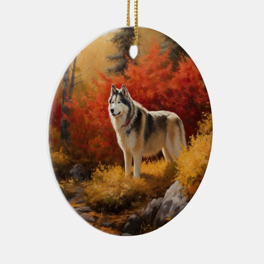 Alaskan Malamute im Herbstfall Inspiriert Keramik Ornament (Rechts)