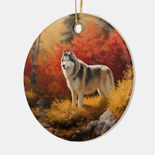 Alaskan Malamute im Herbstfall Inspiriert Keramik Ornament (Links)