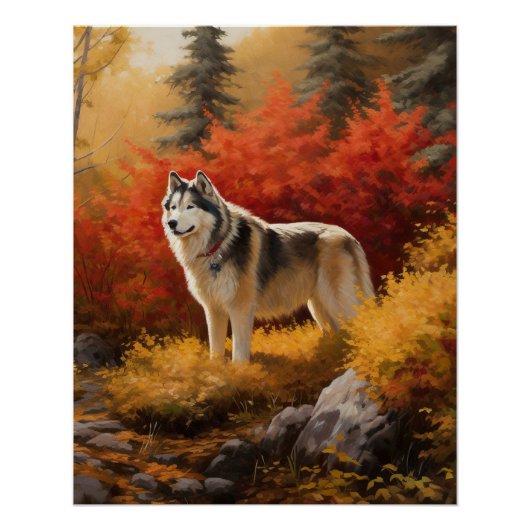 Alaskan Malamute im Herbstfall Inspiriert Poster (Vorderseite)