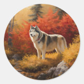 Alaskan Malamute im Herbstfall Inspiriert Runder Aufkleber (Vorderseite)