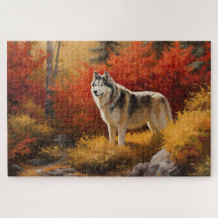 Alaskan Malamute im Herbstlaubfall inspiriert Puzzle