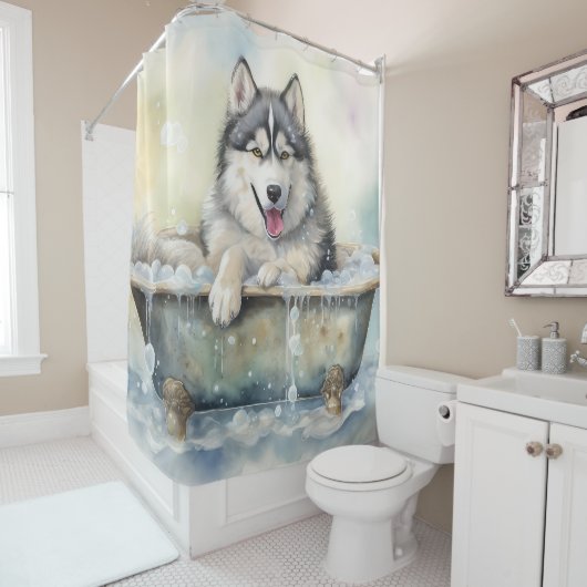 Alaskan Malamute in der Badewanne Wasserfarbener H Duschvorhang (Beispiel)