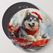Alaskan Malamute in Sledge Let it Schnee Weihnacht Button (Vorne & Hinten)
