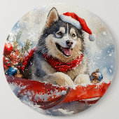 Alaskan Malamute in Sledge Let it Schnee Weihnacht Button (Vorderseite)