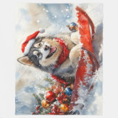 Alaskan Malamute in Sledge Let it Schnee Weihnacht Fleecedecke (Vorderseite)