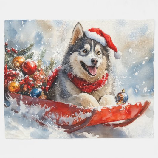 Alaskan Malamute in Sledge Let it Schnee Weihnacht Fleecedecke (Vorderseite (Horizontal))