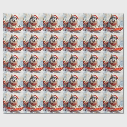 Alaskan Malamute in Sledge Let it Schnee Weihnacht Geschenkpapier (Flach)