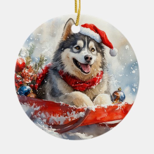 Alaskan Malamute in Sledge Let it Schnee Weihnacht Keramik Ornament (Vorne)