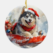 Alaskan Malamute in Sledge Let it Schnee Weihnacht Keramik Ornament (Hinten)