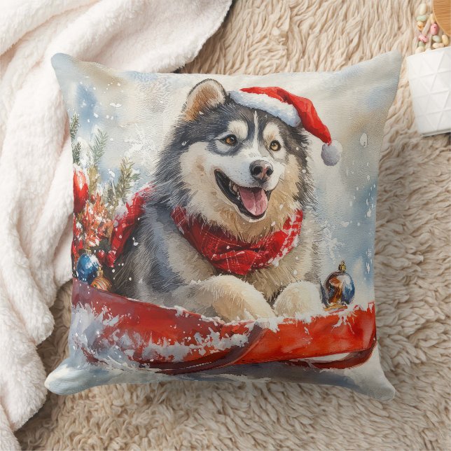 Alaskan Malamute in Sledge Let it Schnee Weihnacht Kissen (Decke)