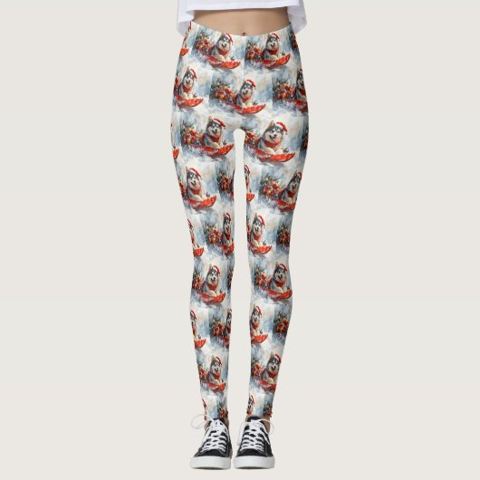 Alaskan Malamute in Sledge Let it Schnee Weihnacht Leggings (Vorderseite)