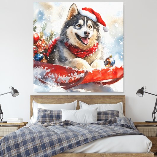 Alaskan Malamute in Sledge Let it Schnee Weihnacht Leinwanddruck (Insitu (Schlafzimmer))