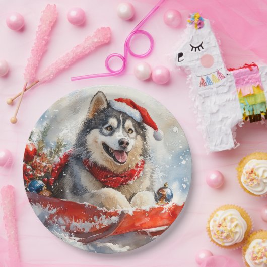 Alaskan Malamute in Sledge Let it Schnee Weihnacht Pappteller (Party)