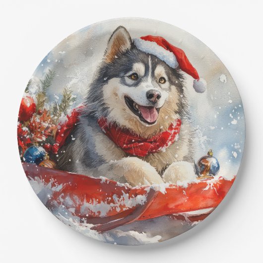 Alaskan Malamute in Sledge Let it Schnee Weihnacht Pappteller (Vorderseite)
