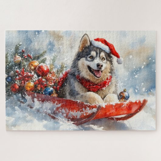 Alaskan Malamute in Sledge Let it Schnee Weihnacht Puzzle (Horizontal)
