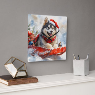 Alaskan Malamute in Sledge Let it Schnee Weihnacht Quadratische Wanduhr