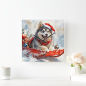 Alaskan Malamute in Sledge Let it Schnee Weihnacht Quadratische Wanduhr (Zuhause)
