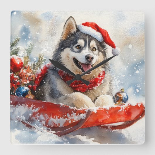 Alaskan Malamute in Sledge Let it Schnee Weihnacht Quadratische Wanduhr (Vorderseite)