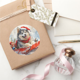 Alaskan Malamute in Sledge Let it Schnee Weihnacht Runder Aufkleber