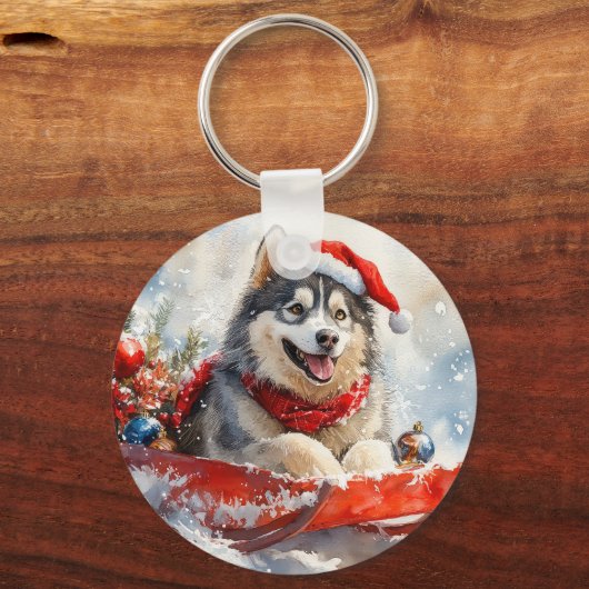 Alaskan Malamute in Sledge Let it Schnee Weihnacht Schlüsselanhänger (Vorderseite)
