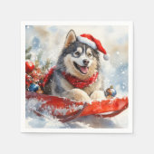 Alaskan Malamute in Sledge Let it Schnee Weihnacht Serviette (Vorderseite)