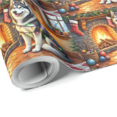Alaskan Malamute Kamin mit Weihnachtslichtern Geschenkpapier (Rolleneckpunkt)
