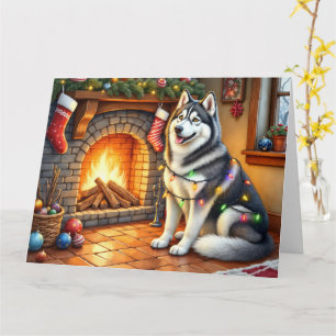 Alaskan Malamute Kamin mit Weihnachtslichtern Karte