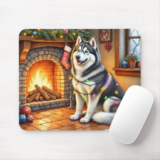 Alaskan Malamute Kamin mit Weihnachtslichtern Mousepad (Mit Mouse)