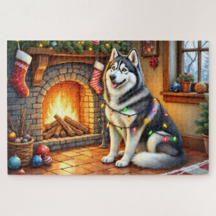 Alaskan Malamute Kamin mit Weihnachtslichtern Puzzle