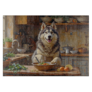 Alaskan Malamute kocht in der Küche Schneidebrett
