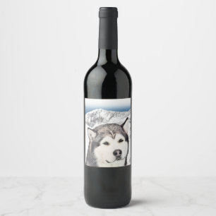 Alaskan Malamute Malerei - Niedliche Original Hund Weinetikett