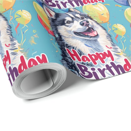 Alaskan Malamute mit Balloons Geburtstag Geschenkpapier (Rolleneckpunkt)