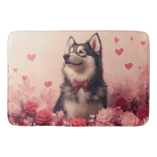 Alaskan Malamute mit Rose - Valentinstag Badematte (Vorderseite)