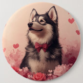 Alaskan Malamute mit Rose - Valentinstag Button (Vorderseite)
