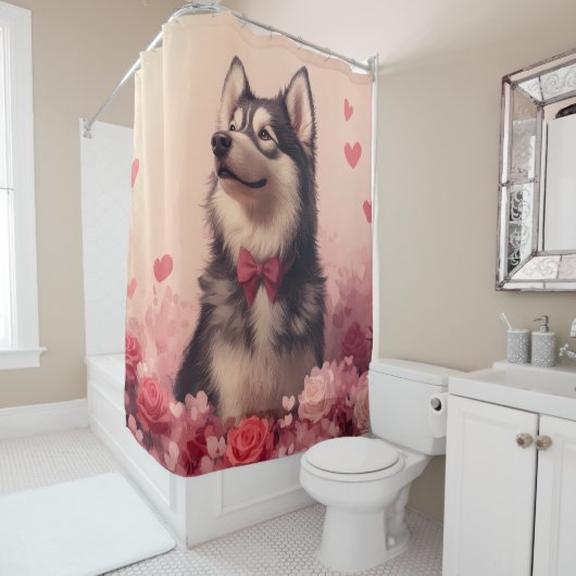 Alaskan Malamute mit Rose - Valentinstag Duschvorhang (Beispiel)