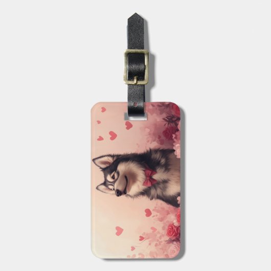 Alaskan Malamute mit Rose - Valentinstag Gepäckanhänger (Vorderseite vertikal)