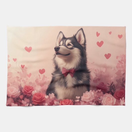Alaskan Malamute mit Rose - Valentinstag Geschirrtuch (Horizontal)