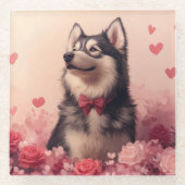 Alaskan Malamute mit Rose - Valentinstag Glasuntersetzer (Vorderseite)