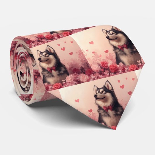 Alaskan Malamute mit Rose - Valentinstag Krawatte (Gerollt)