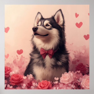 Alaskan Malamute mit Rose - Valentinstag Poster