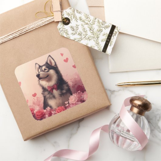 Alaskan Malamute mit Rose - Valentinstag Quadratischer Aufkleber (Schenken)