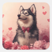 Alaskan Malamute mit Rose - Valentinstag Quadratischer Aufkleber (Vorderseite)